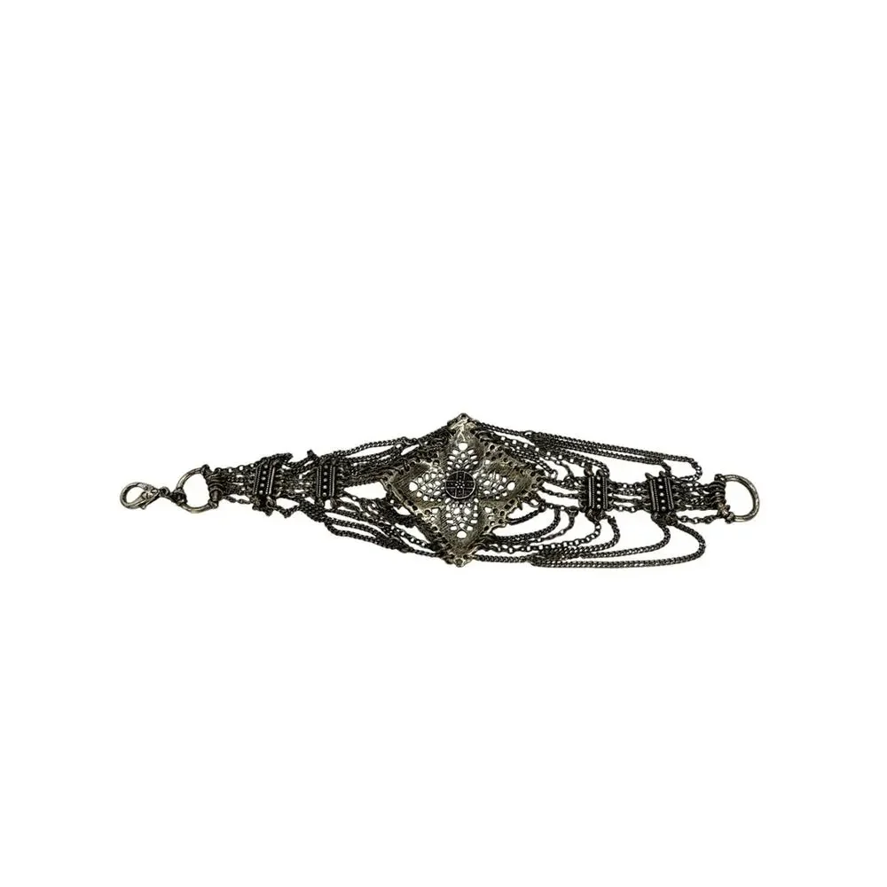 Lucky Brand Vintage Silver Filigree Flower Cuff Bracelet with Teal Cabochon
